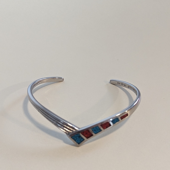 Sterling Silver Zuni Cuff Bracelet with Channel Set Crushed Turquoise and Coral - Picture 5 of 7